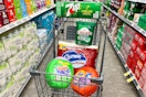 shopping cart with gain, tide, charmin, a&w, and cascade