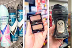 collage image of degree deodorant, maybelline eyeshadow, and downy scent beads