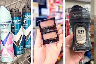 collage image of degree deodorant, maybelline eyeshadow, and downy scent beads