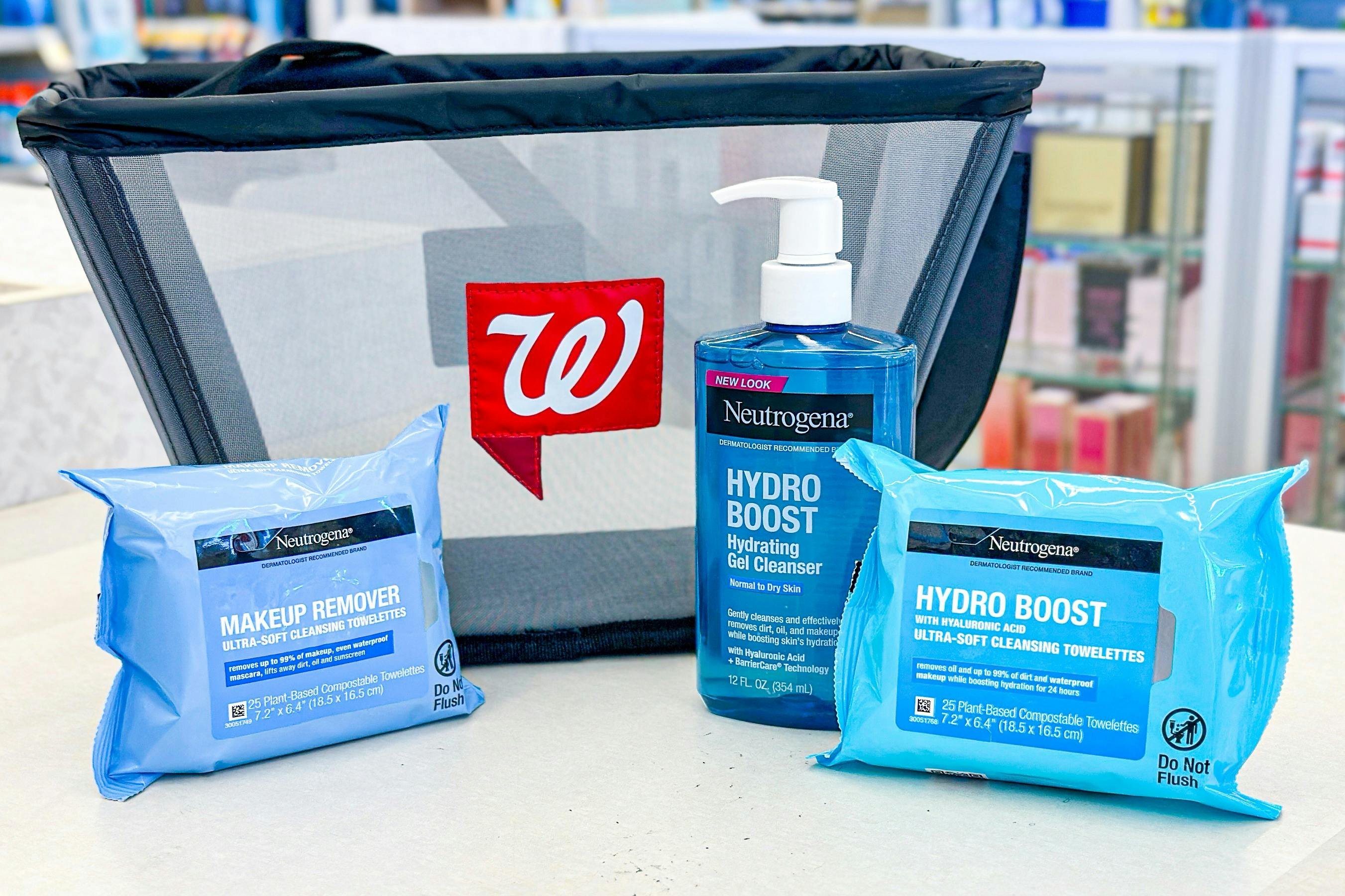 neutrogena products in front of a walgreens basket