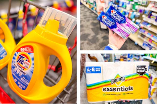 collage image of tide simply detergent, crest toothpaste, and bounty paper towels