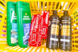 irish spring, colgate, tresemme products in a yellow basket