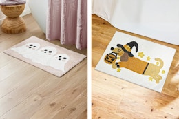 2 lifesyle images of Halloween bath rugs in bathroom settings