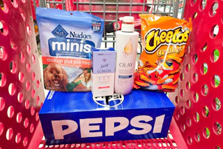 pepsi soda, nudges dog treats, secret deodorant, olay body wash, and cheetos in a cart