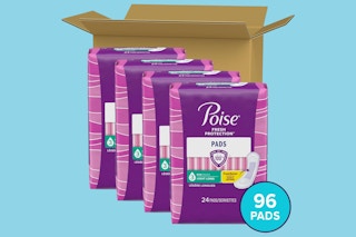 Four 24-packs of Poise incontinence pads, level 3, and a box to put them in