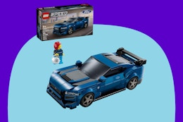LEGO Speed Champions Ford Mustang on a blue background.