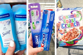 collage with secret deodorant, crest and oral-b products, and cinnamon toast crunch cereal