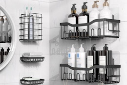 shower shelves in a bathroom