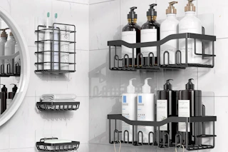 shower shelves in a bathroom
