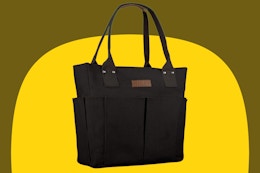 Canvas tote bag on an olive and yellow background.