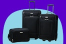  American Tourister Fieldbrook XLT Softside Upright Luggage on a blue background.