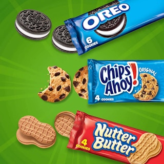 Open packages of Oreos, Chips Ahoy, and Nutter Butter snack packages