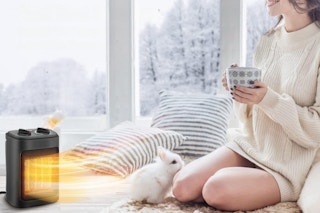 A space heater sits in the corner, heating a person and their rabbit.