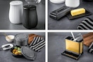4 lifestyle images of Thyme & Table Kitchen items: salt & pepper shakers, butter container, food storage containers & caddy