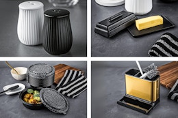4 lifestyle images of Thyme & Table Kitchen items: salt & pepper shakers, butter container, food storage containers & caddy