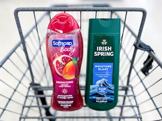 shopping cart with Irish Spring and Softsoap body wash inside