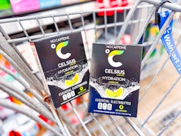 two boxes of Celcius Hydration packets in a Walmart cart