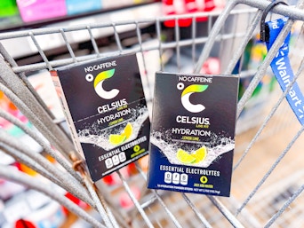 two boxes of Celcius Hydration packets in a Walmart cart