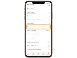 A screenshot of the door Doordash app account page with a box highlighting Delivery Support.
