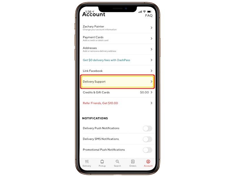 A screenshot of the door Doordash app account page with a box highlighting Delivery Support.