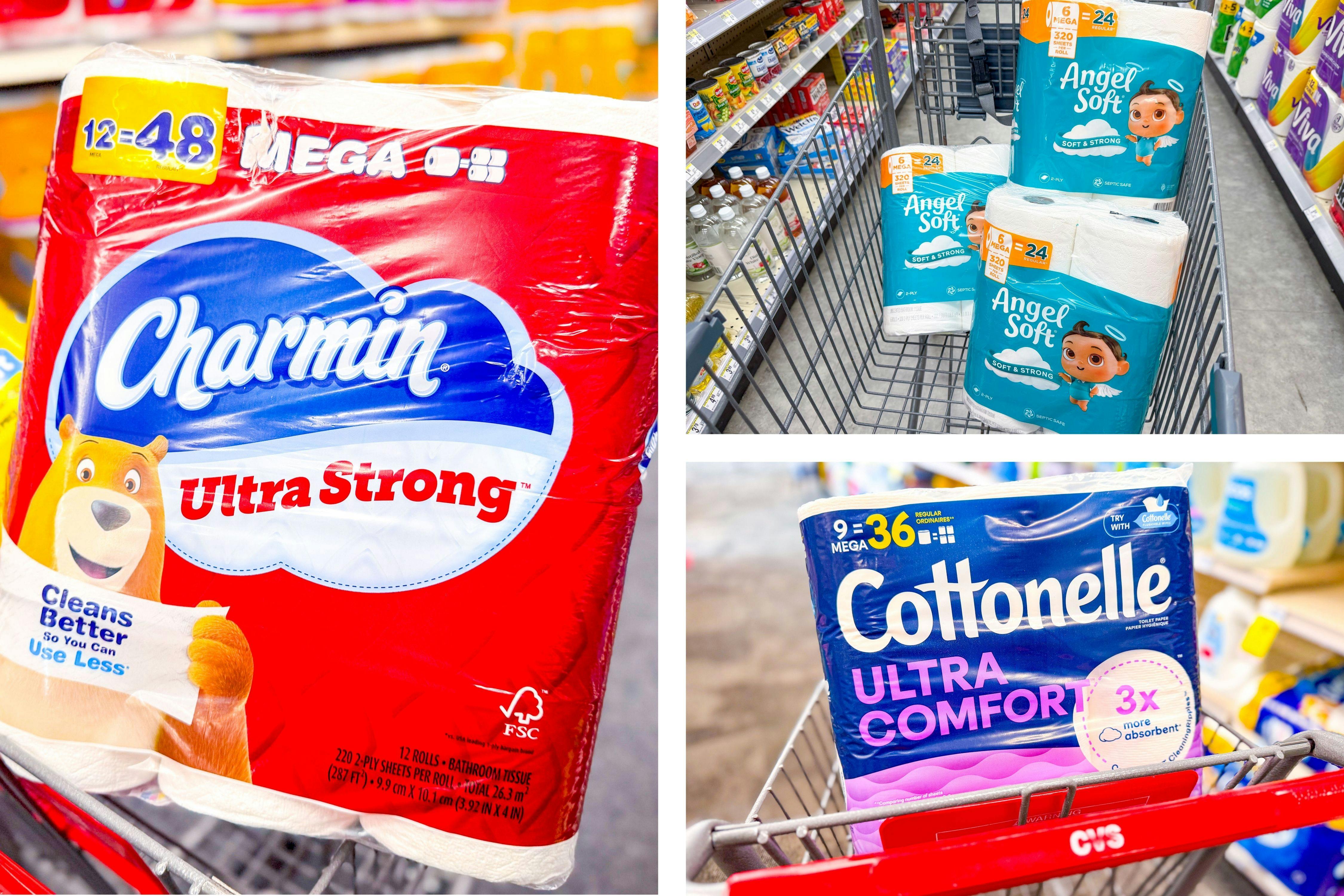 collage image of charmin, angel soft, and cottonelle toilet paper