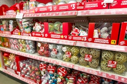 area shot of christmas ornaments at dollar general