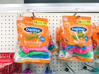 dentek fun flossers for kids on a target shelf