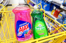 ajax and palmolive dish soap in a yellow shopping cart