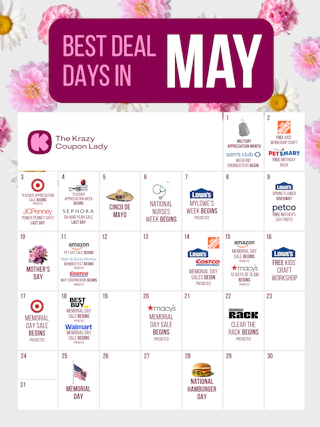 a calendar showing all the best sales and deals for may 2026