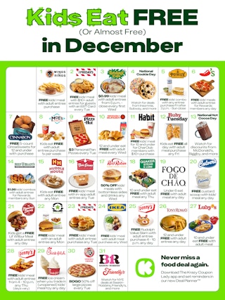 a calendar graphic showing where kids can eat free and cheap every day in december