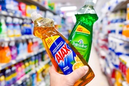 hand holding palmolive and ajax dish soap at dollar general