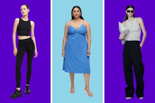 A triptych of three women in leggings, a dress and a tank top