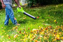 Lifestyle image of someone using the Greenworks 24V Cordless Axial Blower to blow fall leaves 