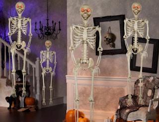 stock photo of plastic skeletons hanging from ceiling in spooky room