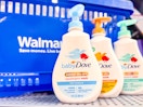 3 baby Dove wash scents next to a Walmart shopping basket