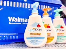 3 baby Dove wash scents next to a Walmart shopping basket
