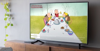 charlie brown thanksgiving movie on tv screen in living room feature
