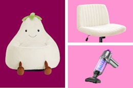 white eggplant chair, criss cross chair, and handheld vacuum