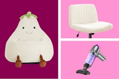 white eggplant chair, criss cross chair, and handheld vacuum