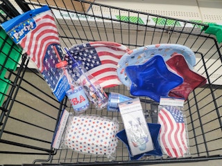 patriotic party supplies in a cart