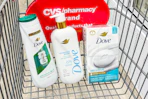 cvs shopping cart with dove body wash and bars