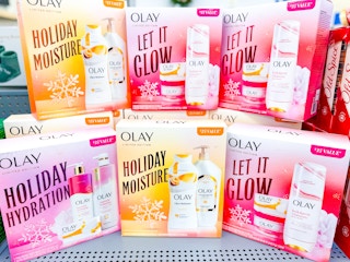 Olay Holiday Gift Sets stacked on top of one another at Walmart