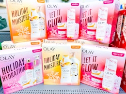 Olay Holiday Gift Sets stacked on top of one another at Walmart