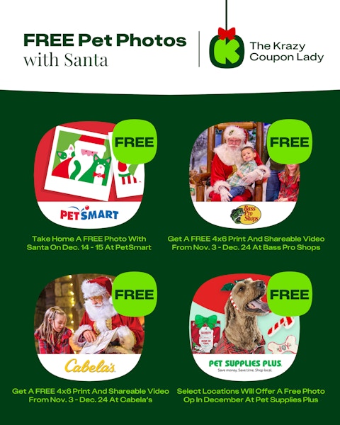 List of stores offering pet photos with Santa in 2024, including PetSmart, Bass Pro Shops, Cabela's, and Pet Supplies Plus.