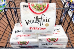 vanity fair napkins stacked in shopping cart
