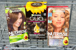 Garnier hair color boxes in a shopping cart