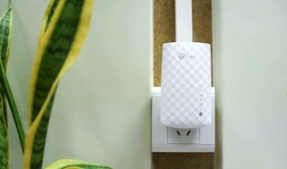 A TP-Link wifi extender plugged in near a plant.