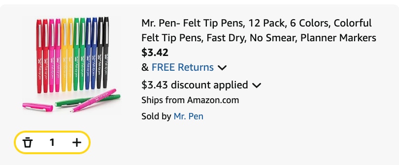 Mr. Pen Felt Tip Pens 12-Pack Amazon receipt