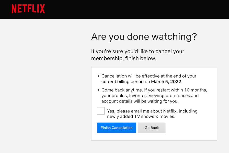 screenshot of netflix cancellation process on the page that confirms your cancellation