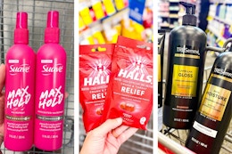 collage image of suave hair spray, halls cough drops, and tresemme shampoo